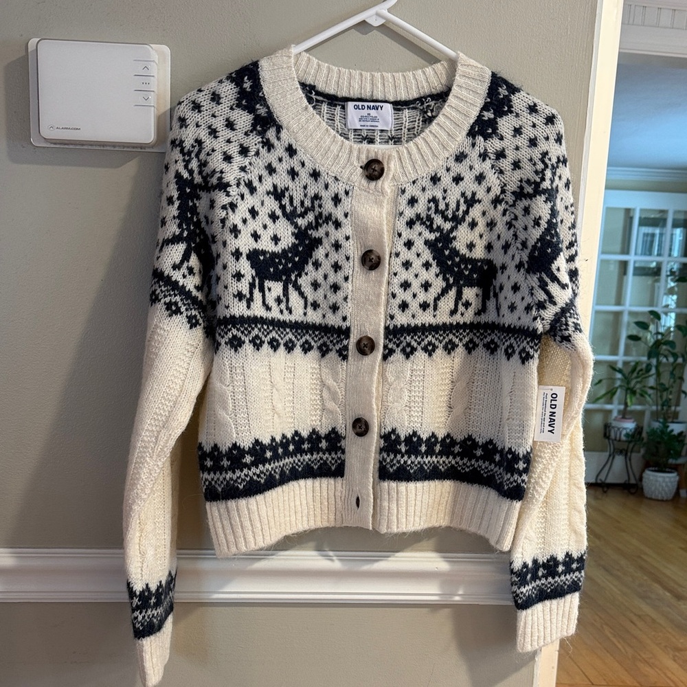 Old Navy Cream and Black Reindeer Fair Isle Button-Front Cardigan